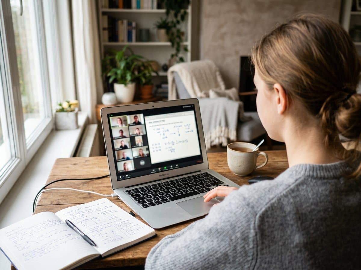 A student takes part in a live online lesson on a laptop at home